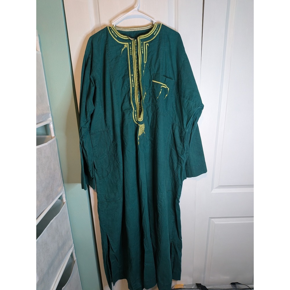 Vintage Moroccan Thobe Kaftan Green Embroidered Long Sleeve Robe Djellaba L/XL